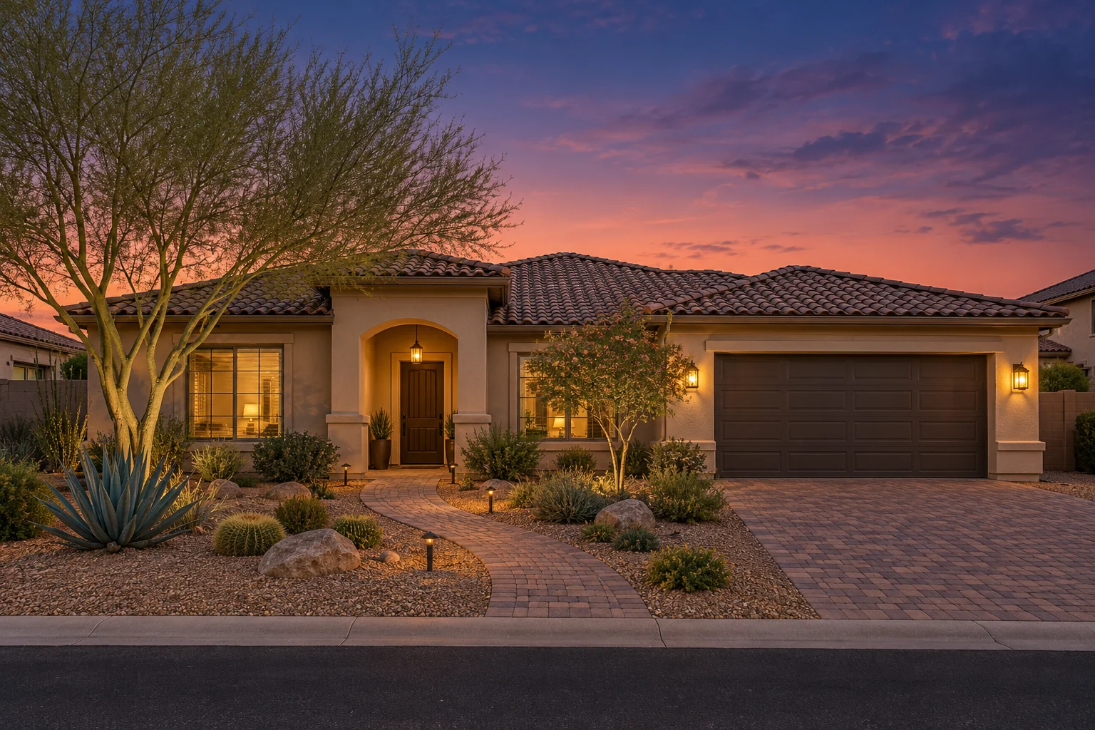 A single-story stucco home at dusk with the Christmas lights switched off