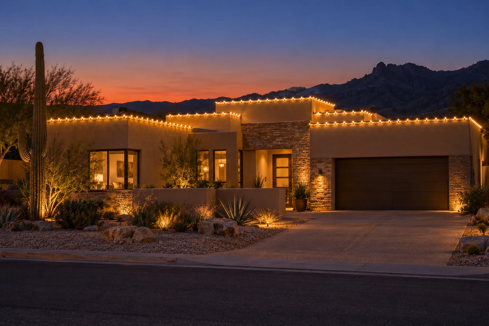 A flat-roofed desert contemporary with warm white C9 lights along each parapet cap, stacked-stone accents and a saguaro out front, mountains behind