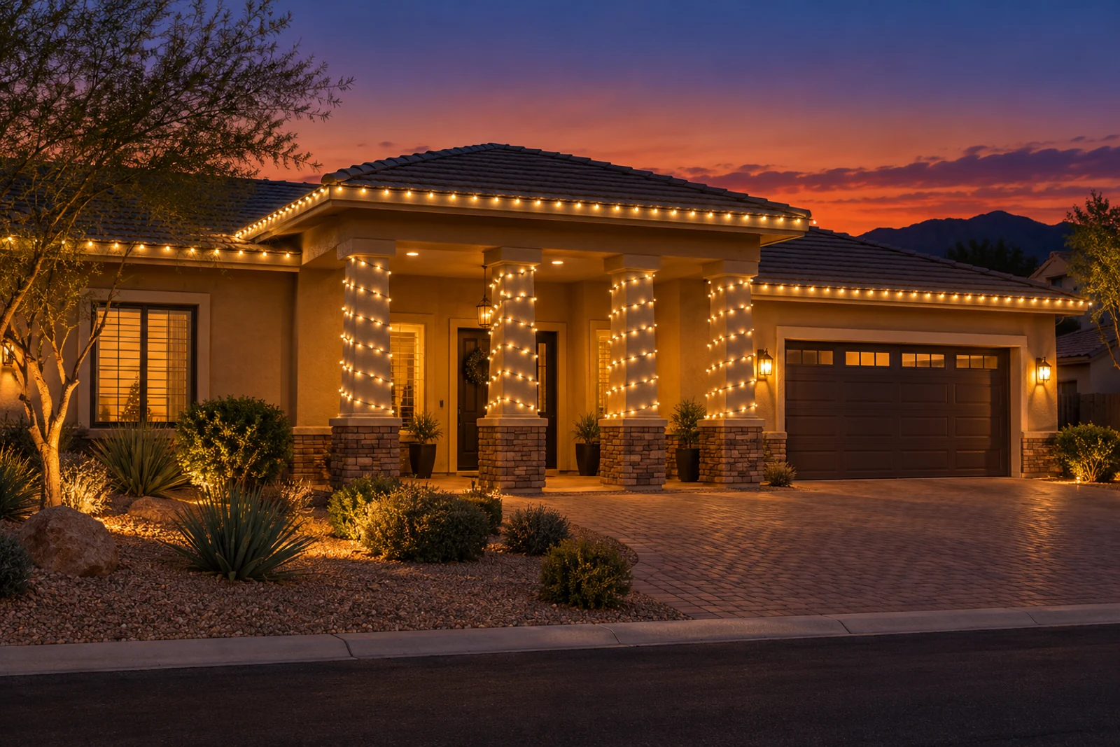 A single-story stucco home with warm white C9 along the roofline and all four stone-based entry columns wrapped in lights