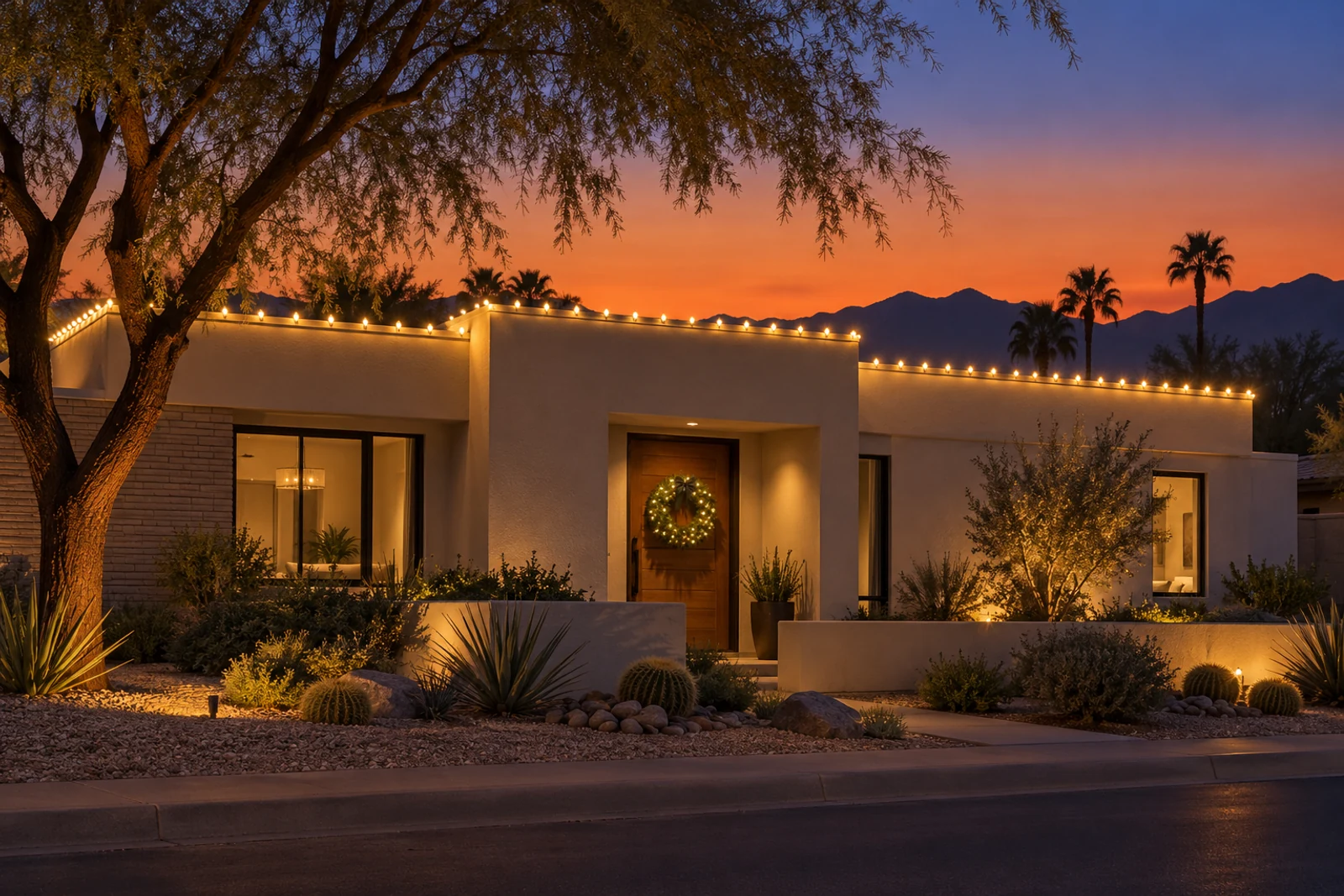 A flat-roofed desert modern home with warm white C9 along the parapet and a lit wreath on the wood front door, palms and mountains behind