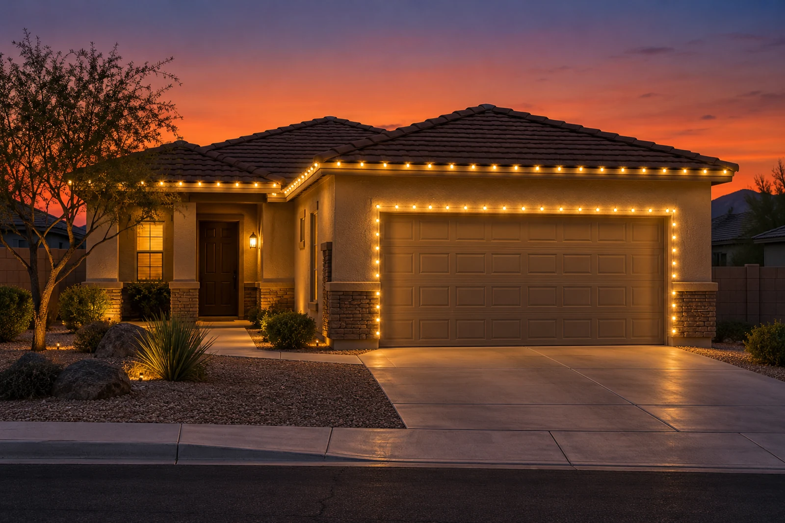 A single-story stucco home with stone wainscot, warm white C9 along the roofline and the two-car garage opening outlined