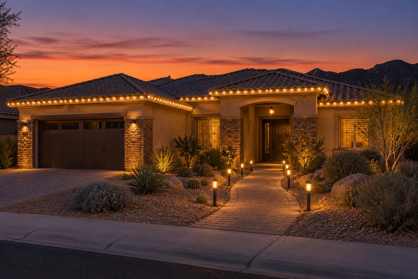 A single-story stucco and stone home with warm white roofline lights and path lights down both sides of a curved paver walkway, mountains behind