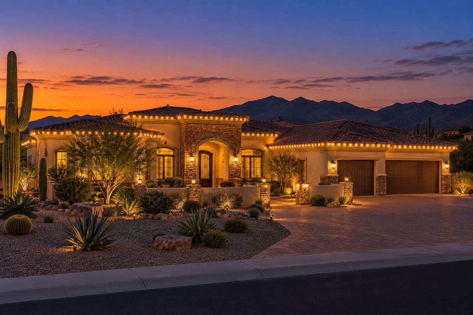 A large single-story stucco and stone home with the full roofline, the courtyard wall caps and the entry lit